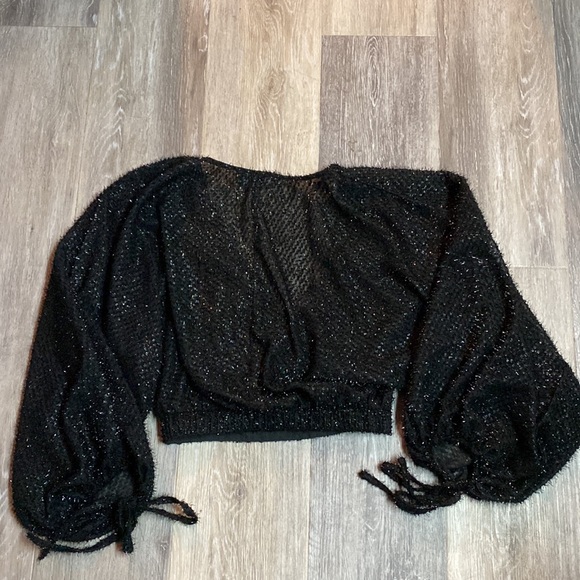 Lulus Black Metallic Crop Top Balloon Sleeves - Picture 4 of 8